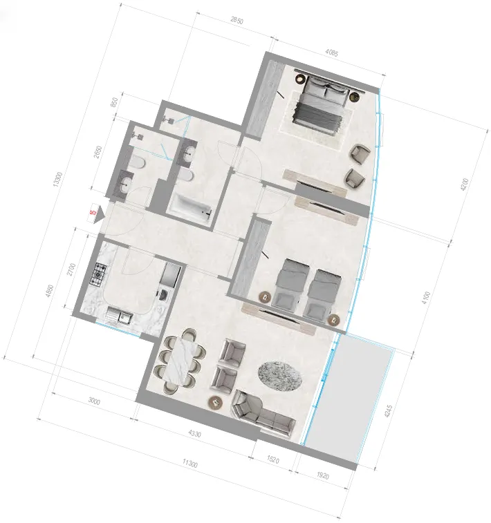 Orchid Towers Phase 1 2 bed floor plan, 1,154 sqft