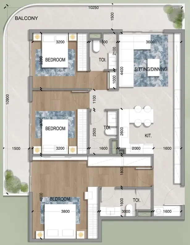 Oasis Residences 3 bed floor plan, 1,993 sqft