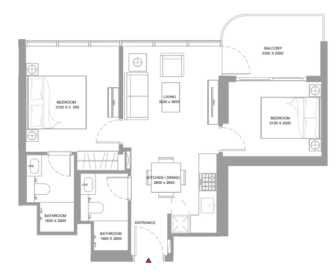 Bayside Marina Residences 2 bed floor plan, 686 sqft