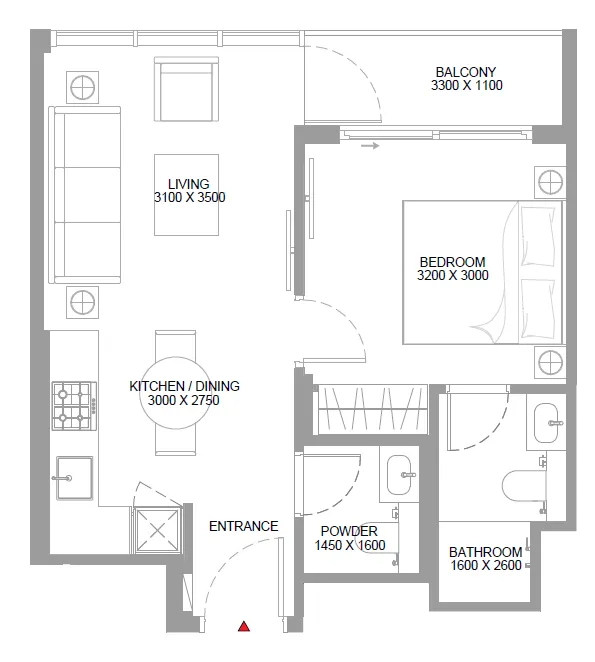 Bayfront Marina Residences 1 bed floor plan, 512 – 514 sqft