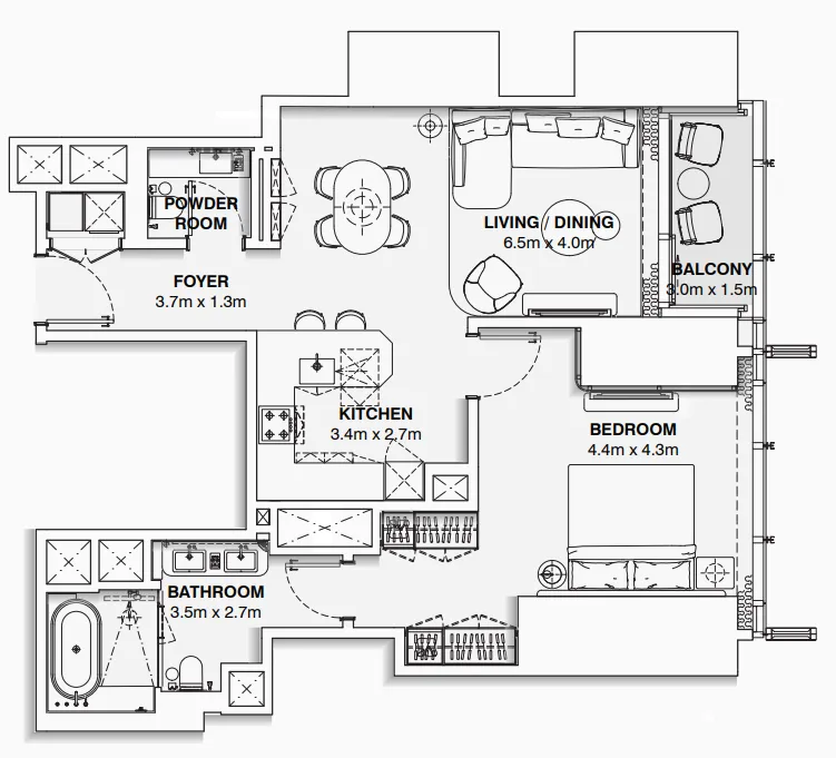 Burj Azizi 1 bed floor plan, 964 sqft