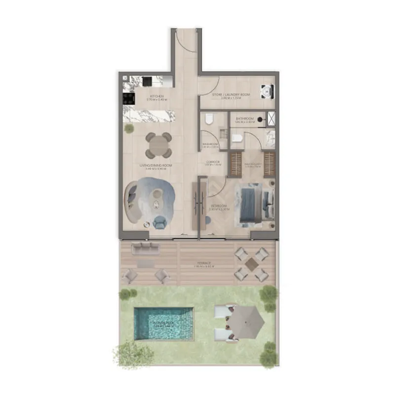 Meriden Beach Residences 1 bed floor plan, 1,344 sqft