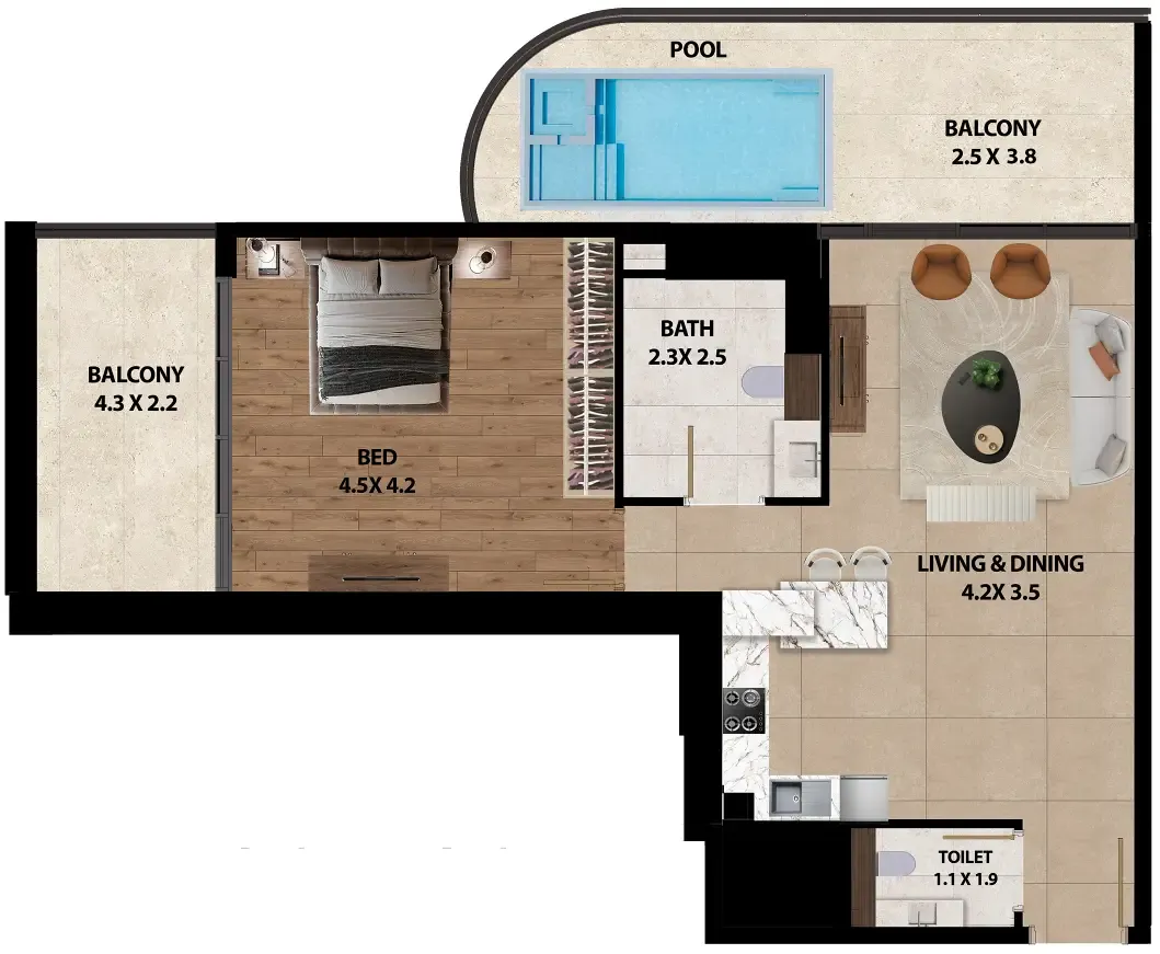 Marquis One 1 bed floor plan, 1,153 sqft