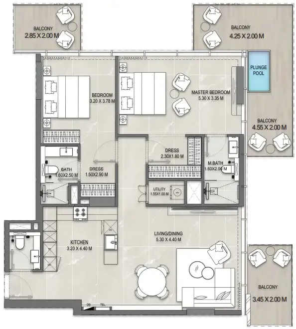 Allegro Park 2 bed floor plan, 1,410 – 1,414 sqft