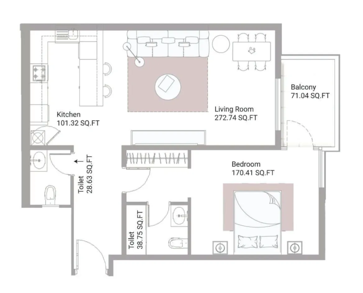 Ajman Creek Towers 1 bed floor plan, 1,105 – 1,128 sqft