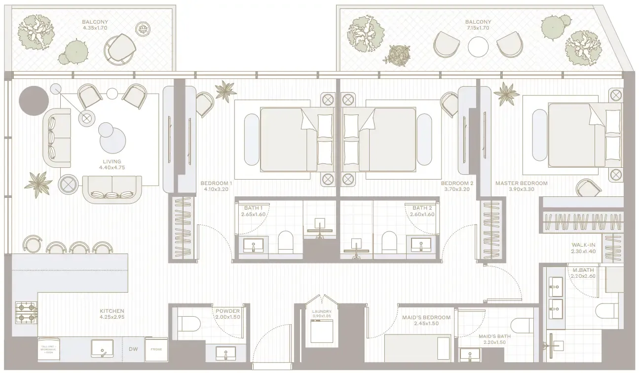 Park Five 3 bed floor plan, 1,633 – 1,637 sqft