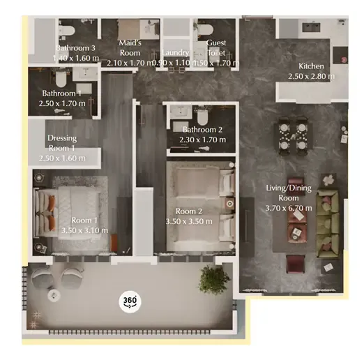 Bab Al Qasr Garden Residences 65 2 bed floor plan, 1,210 sqft