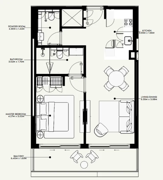 Azizi Venice 1 bed floor plan, 668 sqft