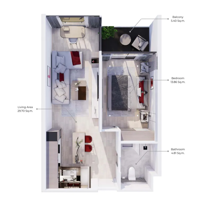 Wallaya Residence Nai Harn 1 bed floor plan, 581 sqft