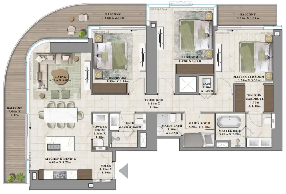 Avarra by Palace 3 bed floor plan, 1,817 sqft