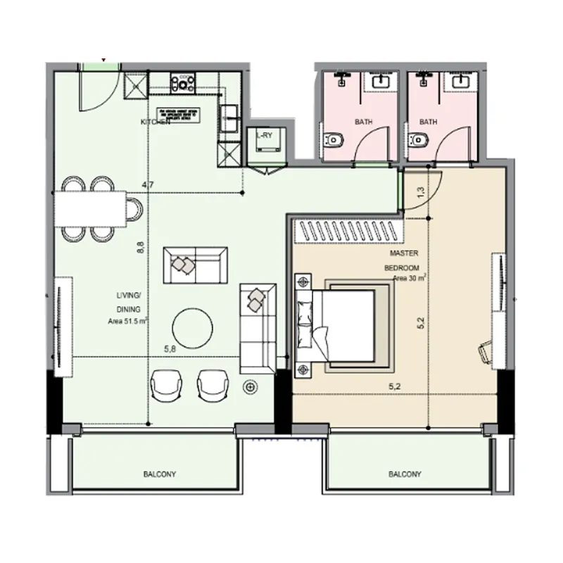 Edgewater Residences 1, 2 and 3 1 bed floor plan, 1,216 sqft