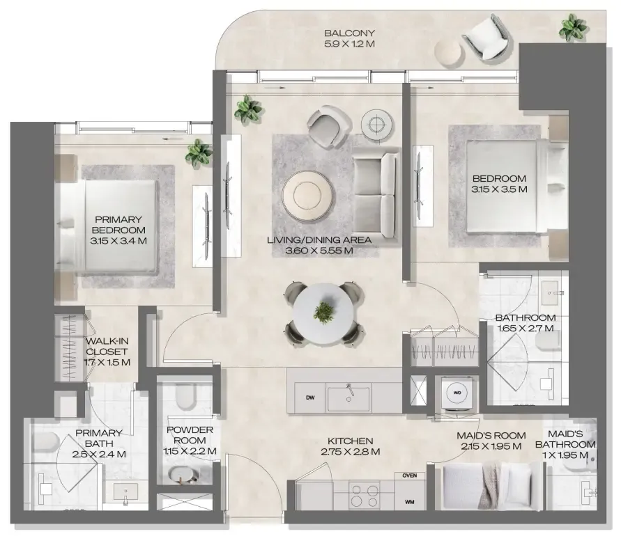 DWTN Residences 2 bed floor plan, 1,103 – 1,105 sqft