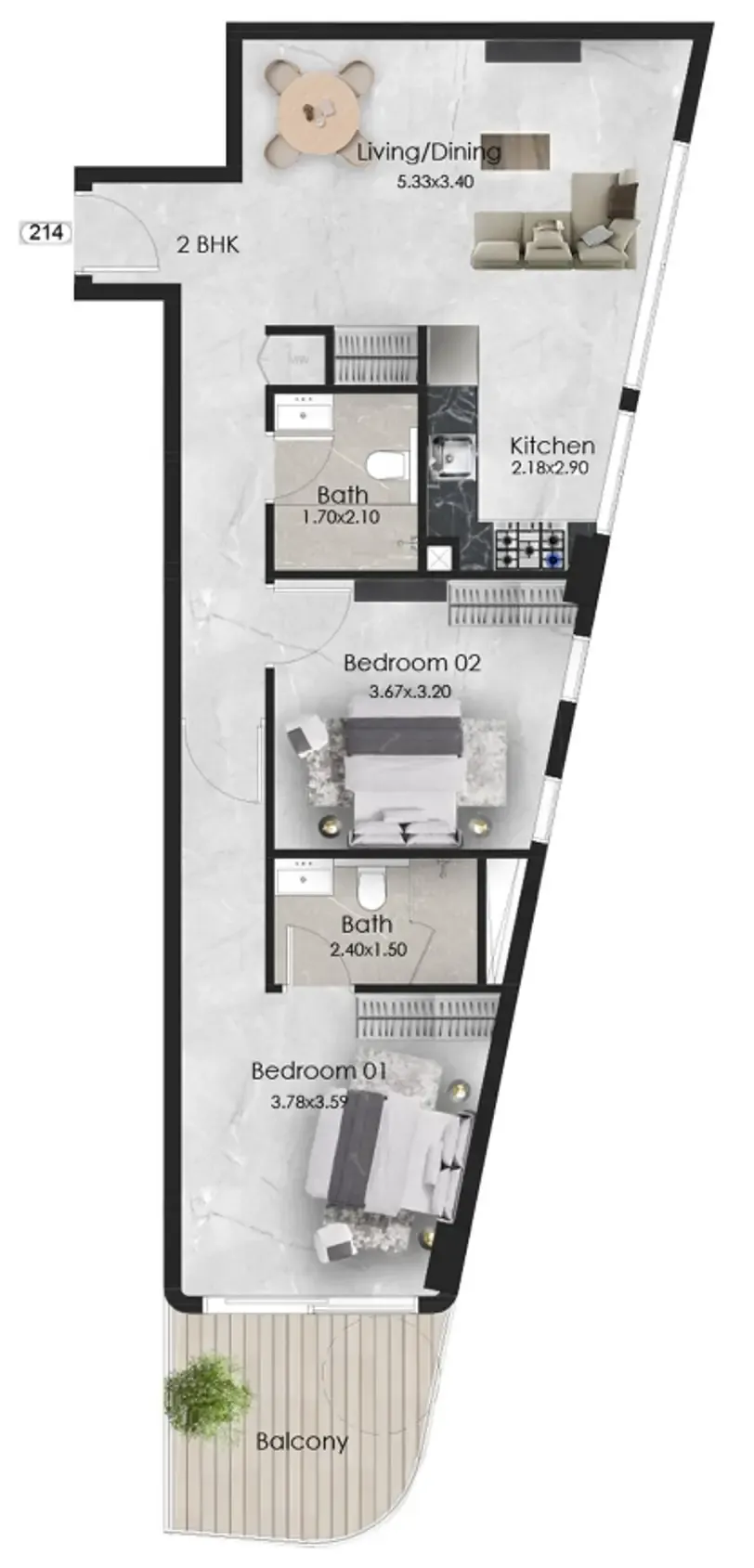 Aristo 2 bed floor plan, 859 sqft