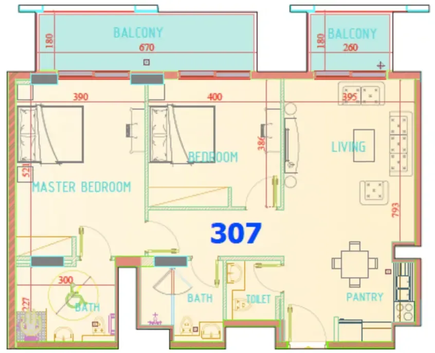 Carmel Residence 2 bed floor plan, 1,215 sqft