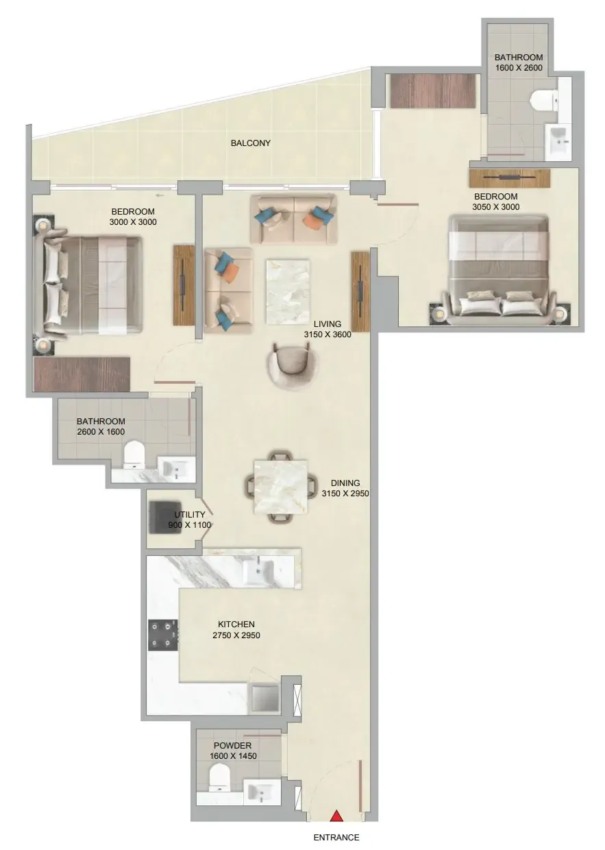 The Serene at Sobha Central 2 bed floor plan, 1,047 sqft