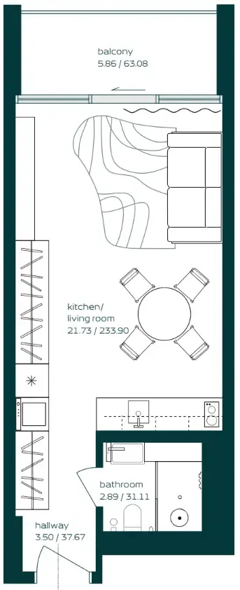 Vibe Studio floor plan, 412 sqft