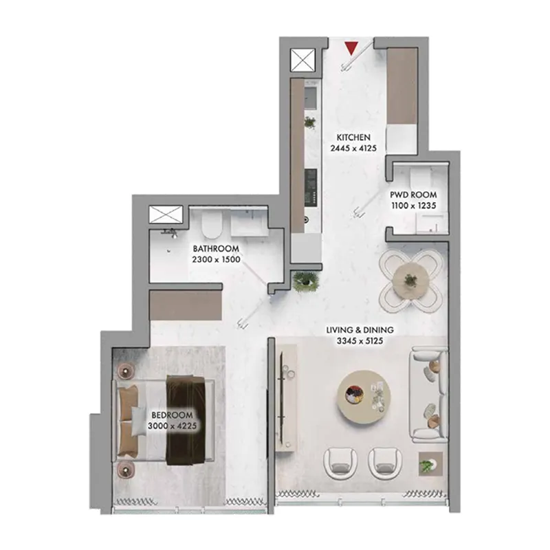 Elmora 1 bed floor plan, 478 sqft