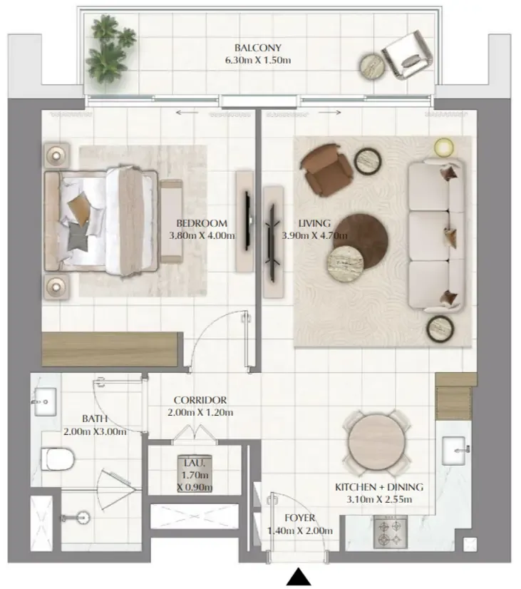 Valia 1 bed floor plan, 817 sqft