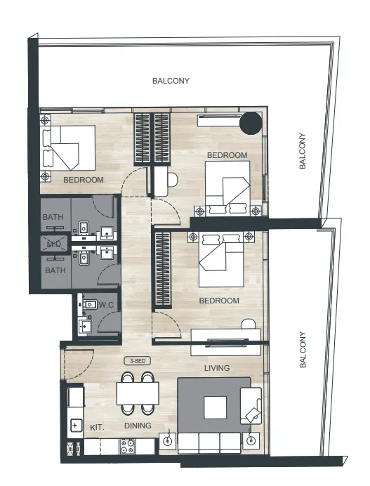 Binghatti Ghost 3 bed floor plan, 1,645 sqft