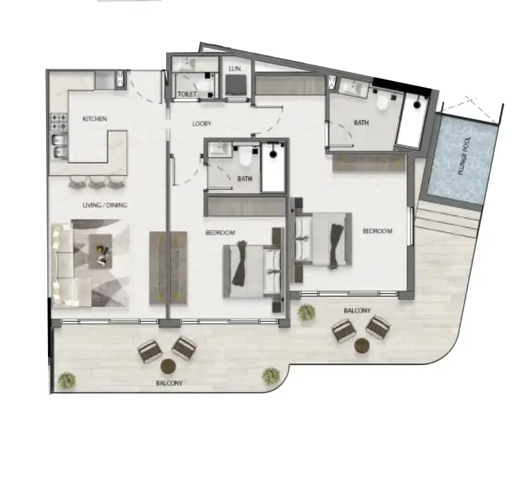 Avana Residences 2 bed floor plan, 1,324 sqft