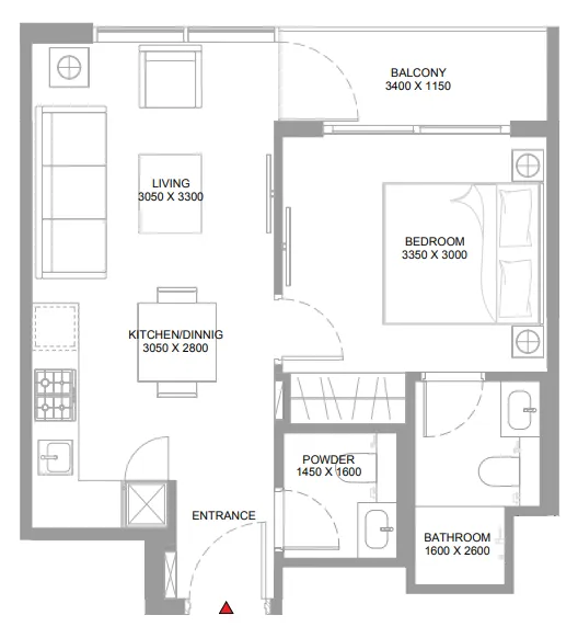 Pristine Beach Residences 1 bed floor plan, 514 – 515 sqft