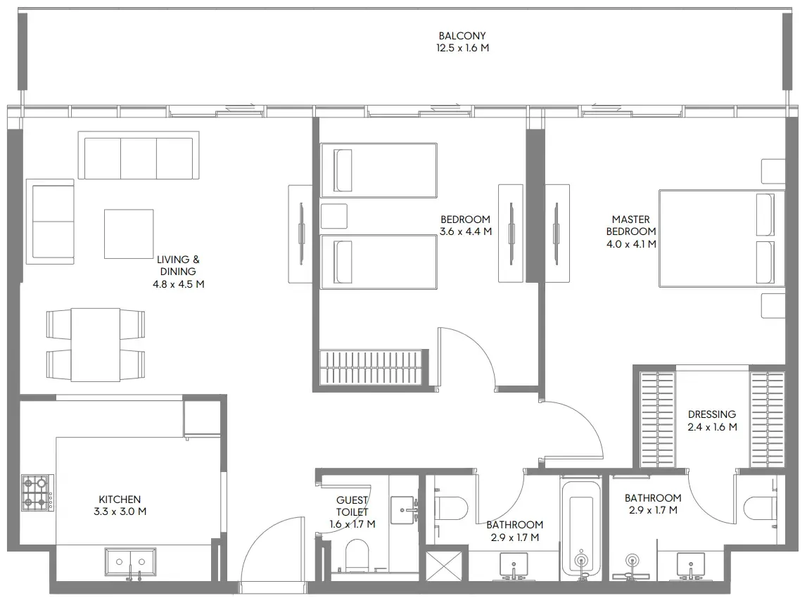 The Gate 5 2 bed floor plan, 1,269 – 1,298 sqft