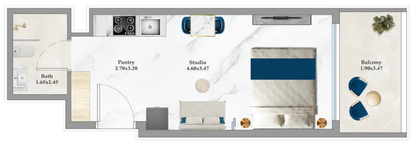 Aspirz Studio floor plan, 388 – 394 sqft