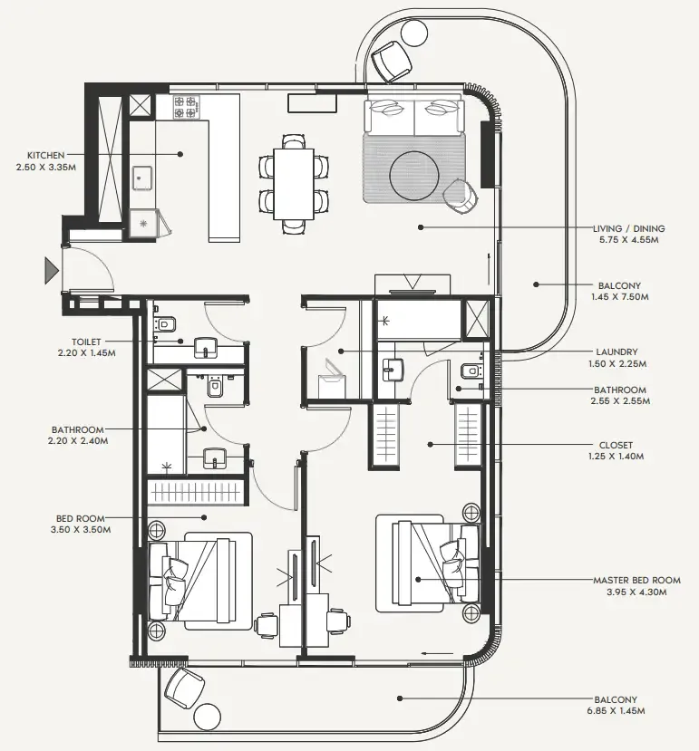 Azizi Amir 2 bed floor plan, 1,439 sqft