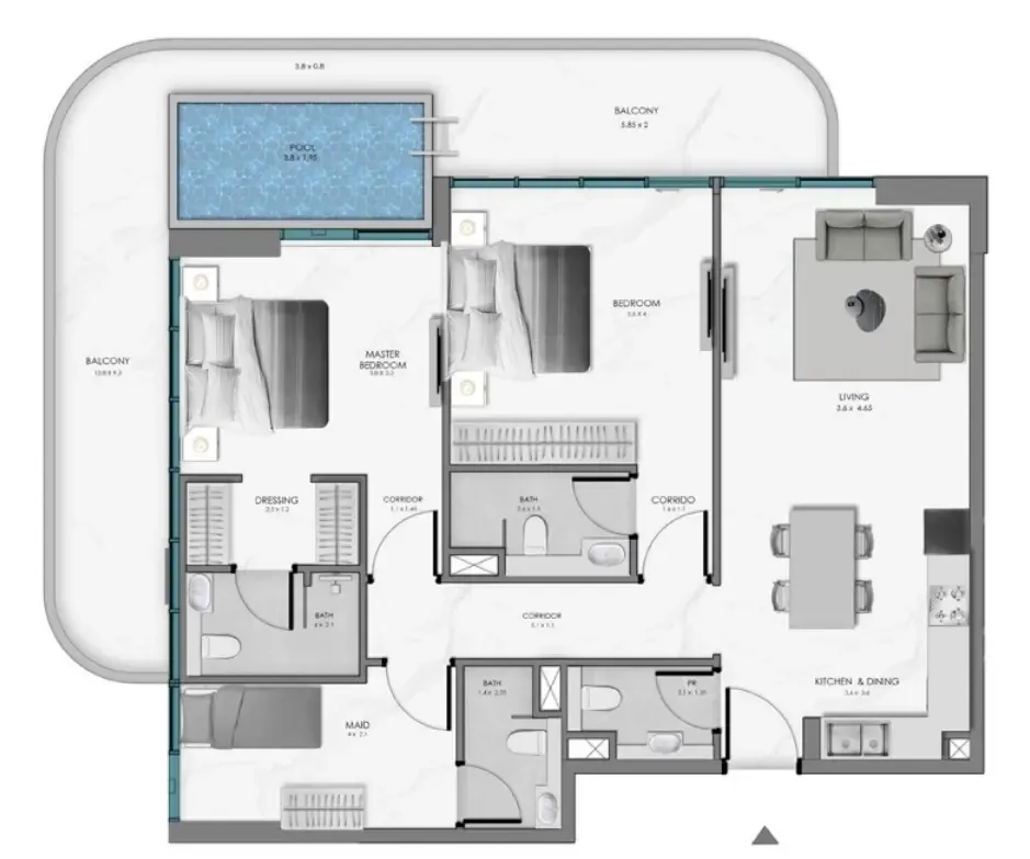 Samana Ocean Bay 2 bed floor plan, 1,467 sqft