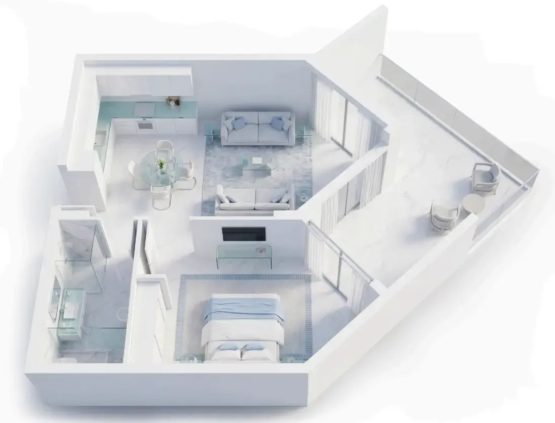 Ice Beach 1 bed floor plan, 572 – 586 sqft