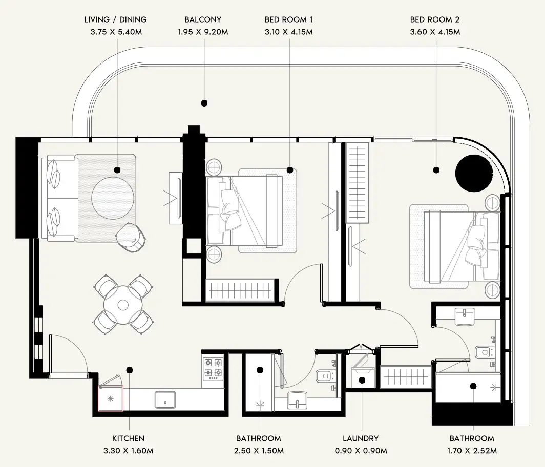 Azizi Milan 2 bed floor plan, 1,122 sqft