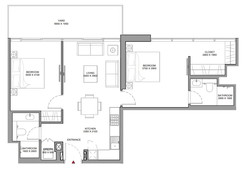 Florine Beach Residences 2 bed floor plan, 991 sqft