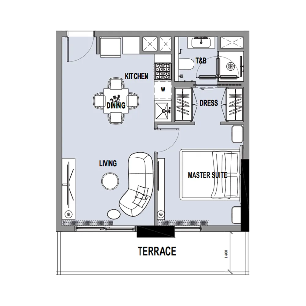 Verso 1 bed floor plan, 571 sqft