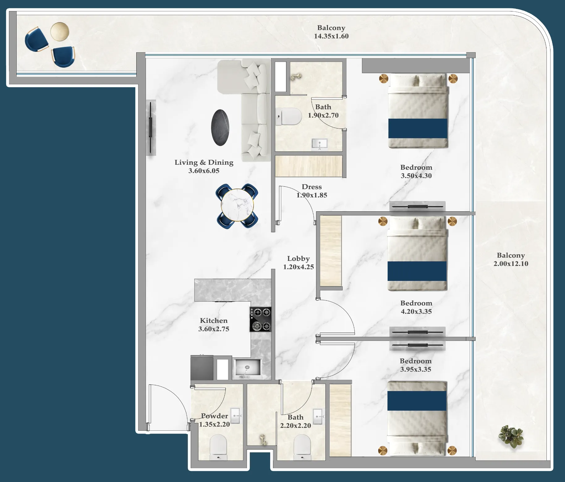 Sparklz 3 bed floor plan, 1,453 – 1,456 sqft