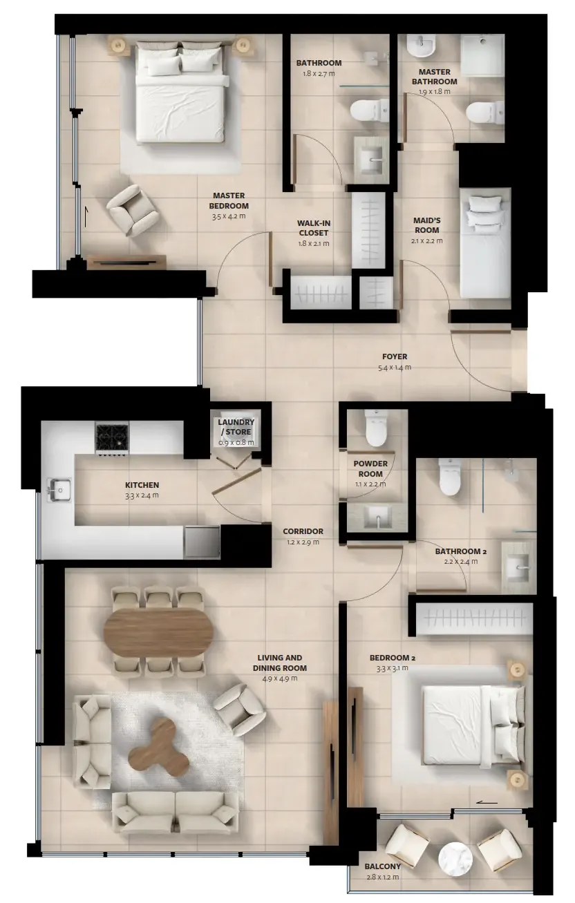 Waada Dubai South 2 bed floor plan, 1,281 – 1,289 sqft