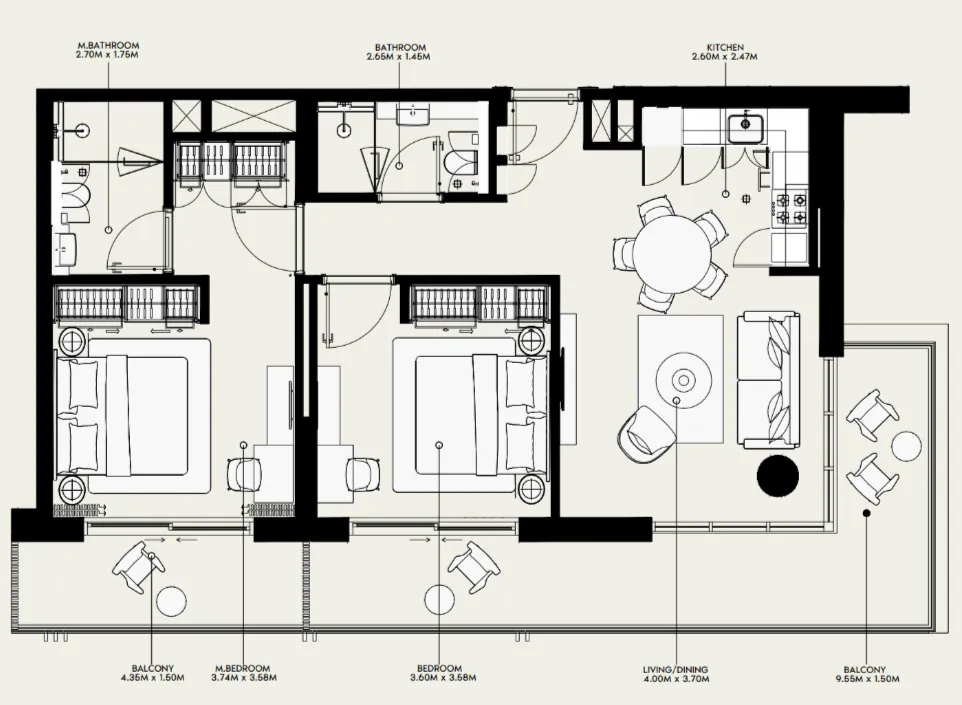 Azizi Venice 2 bed floor plan, 1,108 sqft