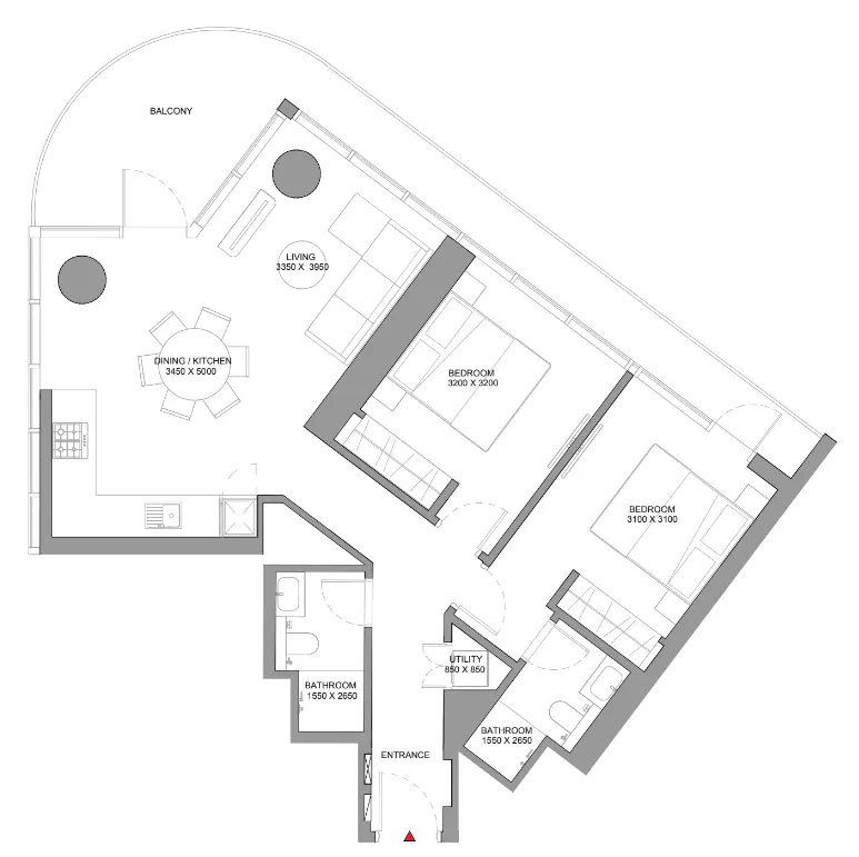 Sobha Solis 2 bed floor plan, 1,125 sqft