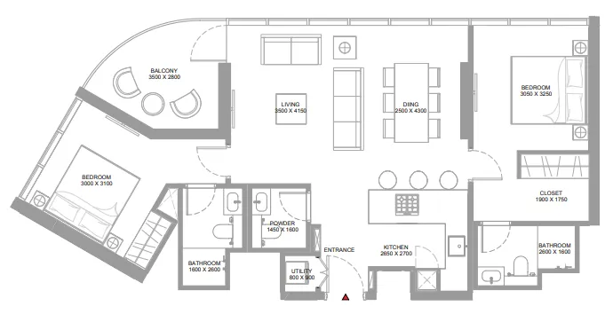 Yachtside Marina Residences 2 bed floor plan, 1,022 sqft