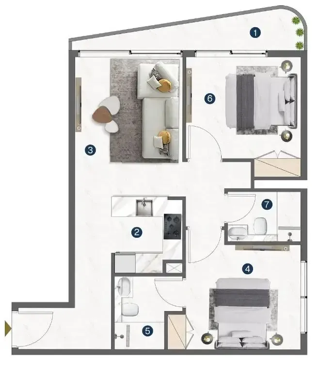 Omya Residence 2 bed floor plan, 770 sqft