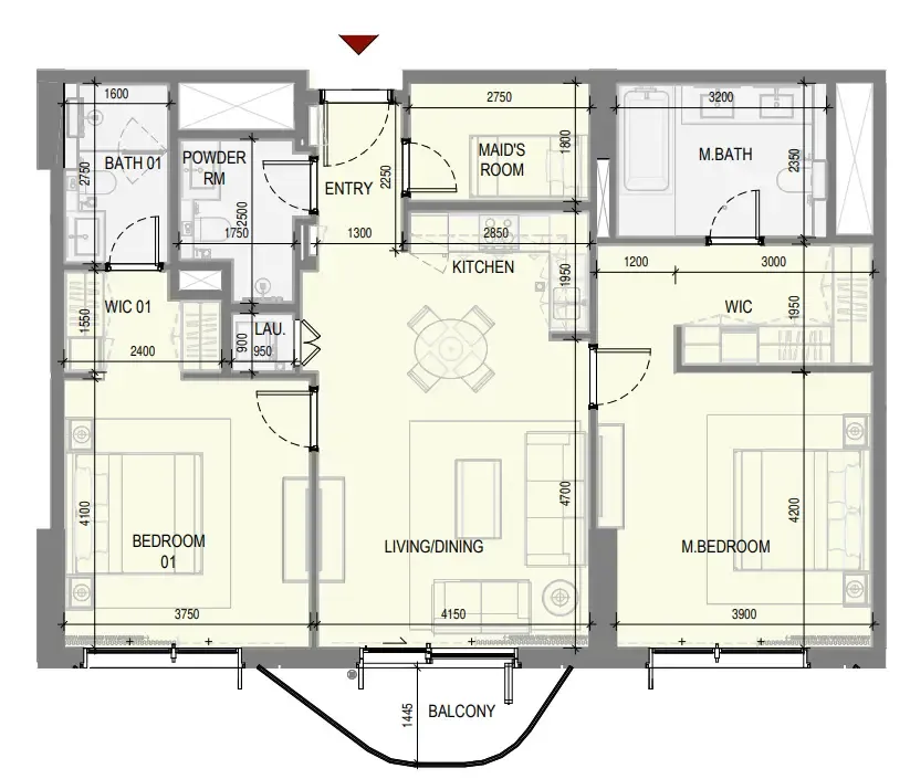 Takaya 2 bed floor plan, 1,199 sqft
