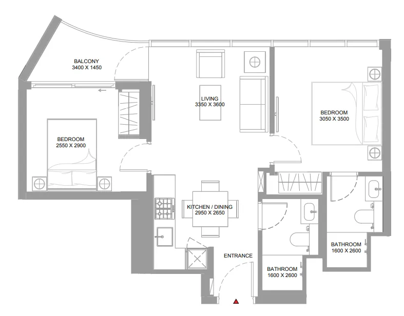 Pearlside Marina Residences 2 bed floor plan, 675 – 682 sqft