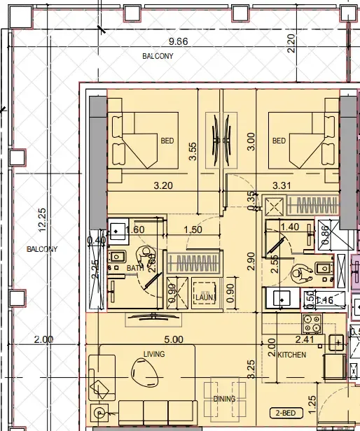 Binghatti Titania 2 bed floor plan, 1,198 sqft