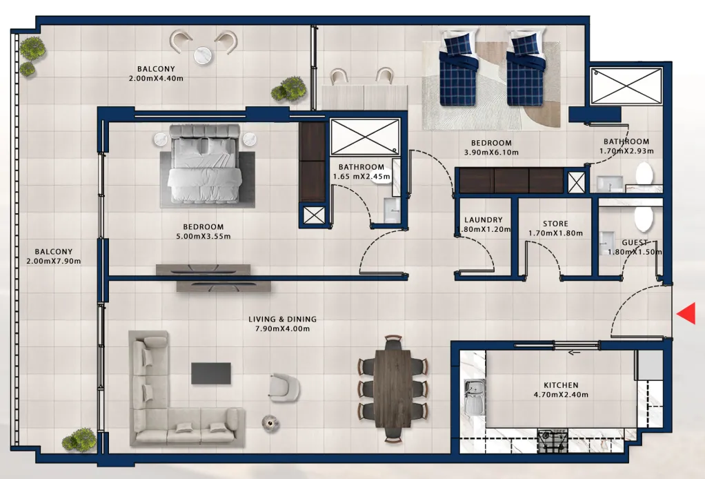 Asayel Avenue 2 bed floor plan, 1,598 sqft