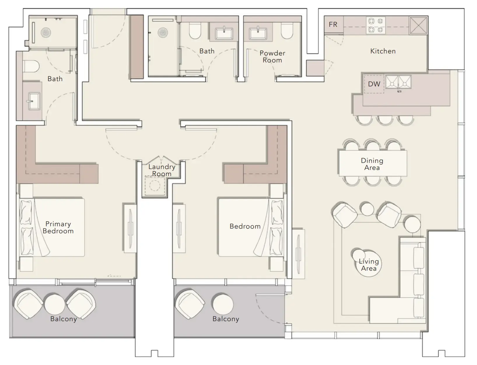 One River Point 2 bed floor plan, 1,490 sqft