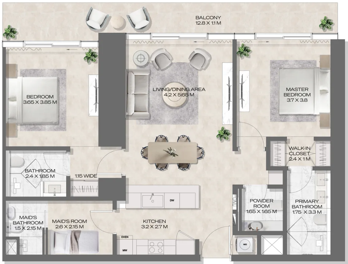 DWTN Residences 2 bed floor plan, 1,367 sqft