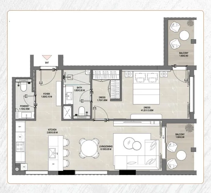 Amber by Enso 1 bed floor plan, 795 sqft
