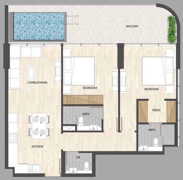 Barari Palace 2 bed floor plan, 1,155 – 1,177 sqft