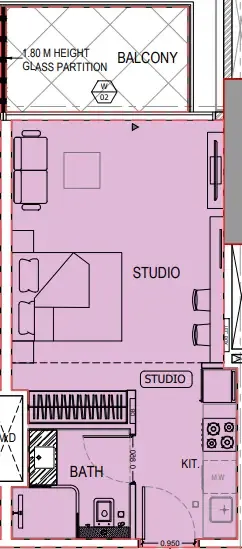 Binghatti Apex Studio floor plan, 416 sqft