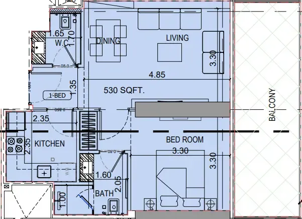 Binghatti Vintage 1 bed floor plan, 706 sqft