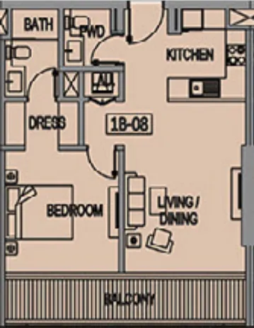Jade Tower 1 bed floor plan, 744 sqft